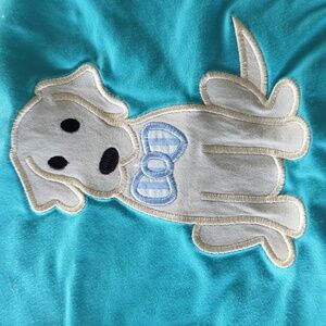 Busy Bees Smocks 3t teal and blue striped puppy with bow tie short and shirt set